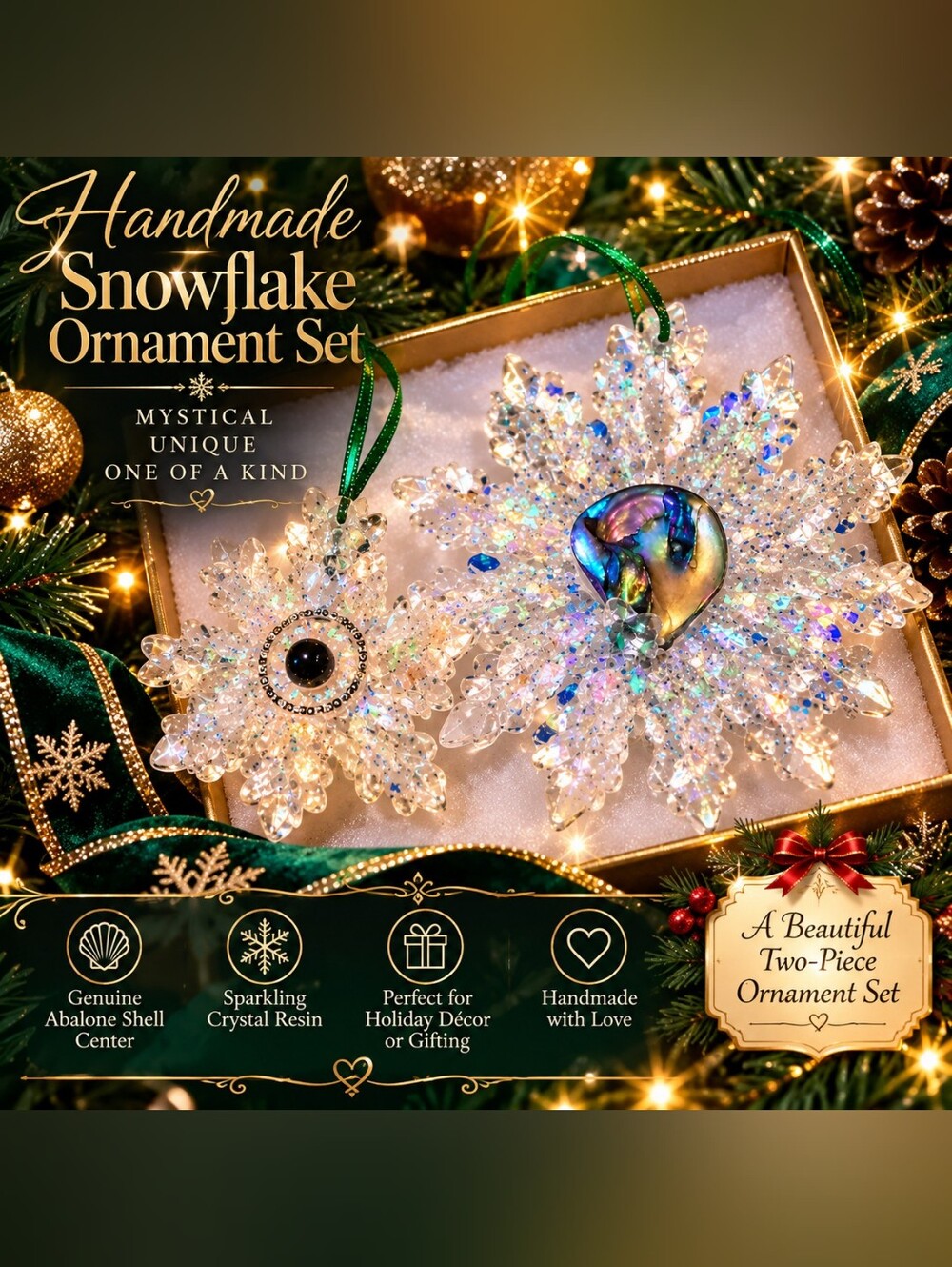 Handmade Snowflake Ornament Set - Abalone Center (Green Ribbon)
